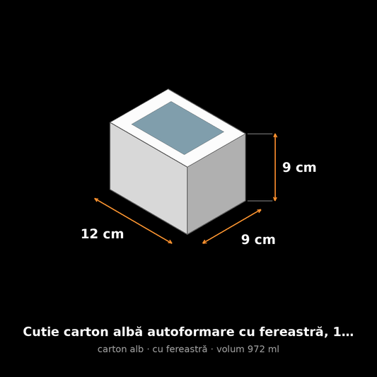Cutie carton albă cu fereastră, 12x9x9 cm – schemă cu dimensiuni