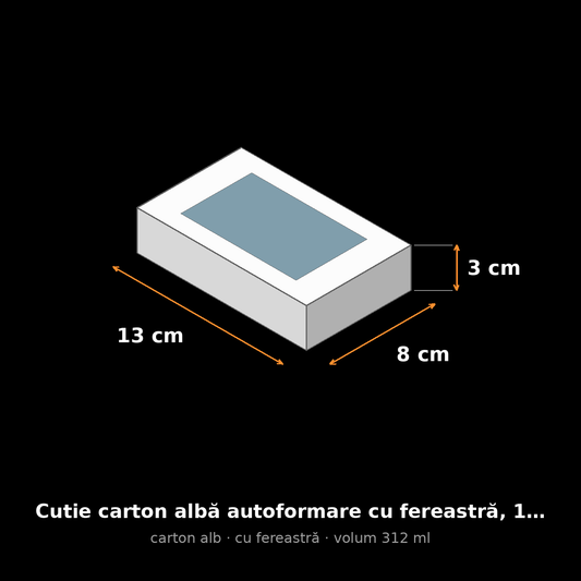 Cutie carton albă cu fereastră, 13x8x3 cm – schemă cu dimensiuni