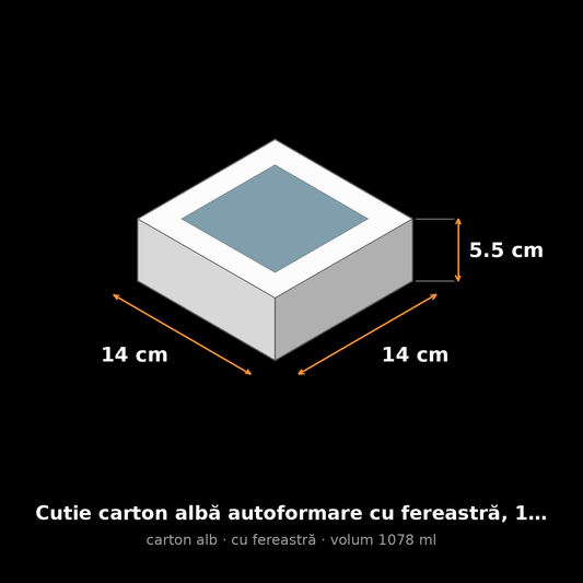 Cutie carton albă cu fereastră, 14x14x5.5 cm – schemă cu dimensiuni