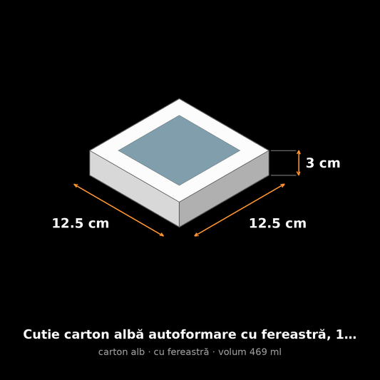 Cutie carton albă cu fereastră, 12.5x12.5x3 cm – schemă cu dimensiuni