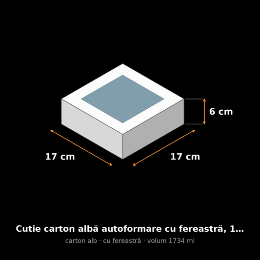 Cutie carton albă cu fereastră, 17x17x6 cm – schemă cu dimensiuni