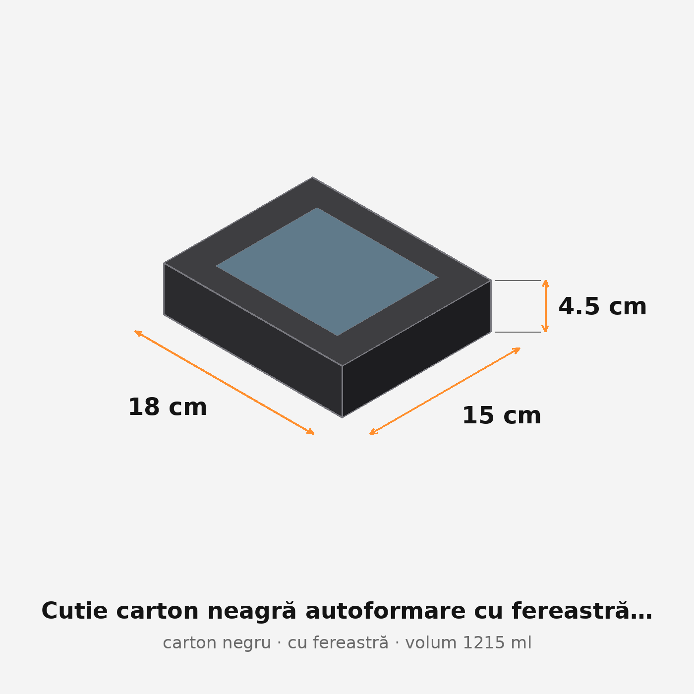 Cutie carton neagră cu fereastră, 18x15x4.5 cm – schemă cu dimensiuni