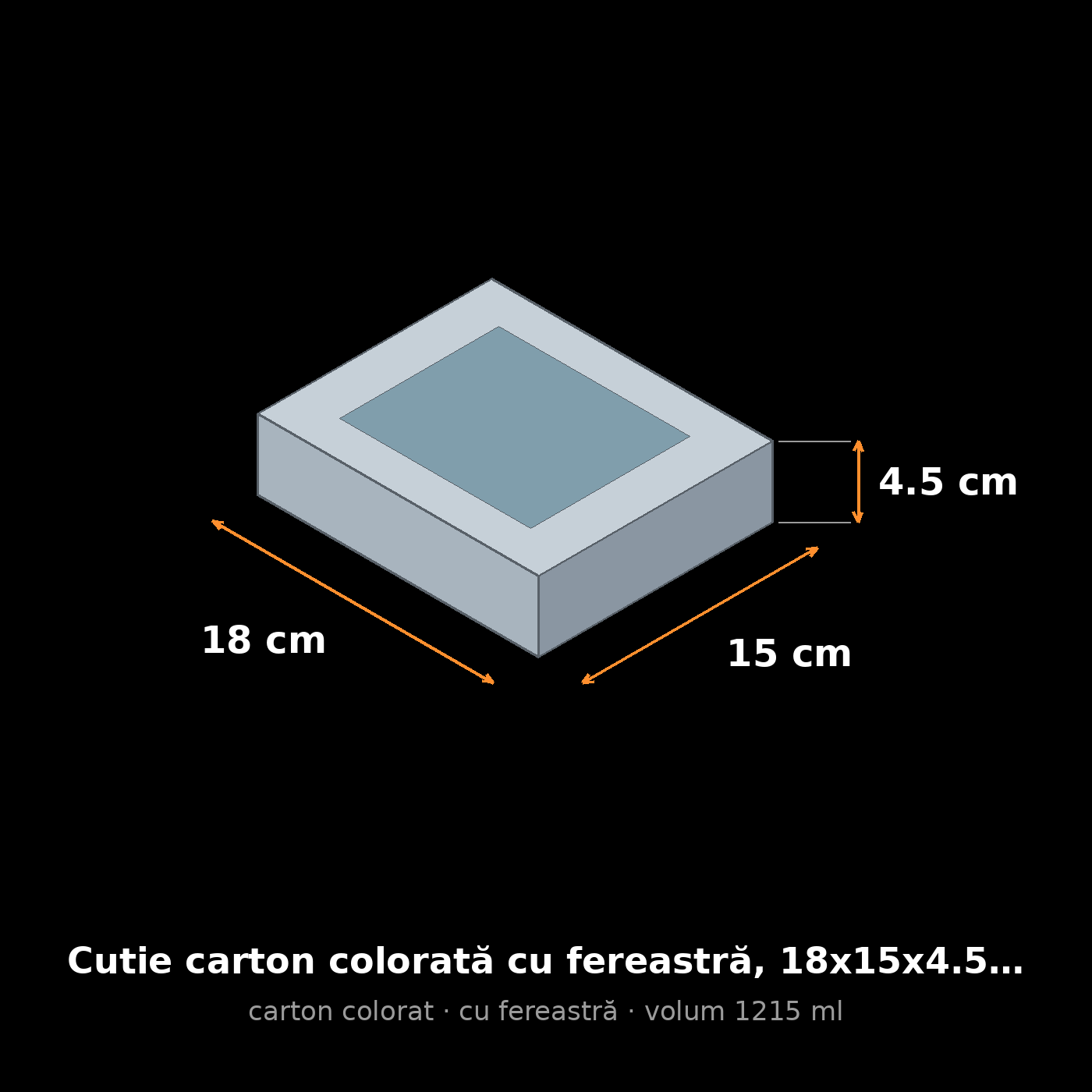 Cutie carton colorată cu fereastră, 18x15x4.5 cm – schemă cu dimensiuni