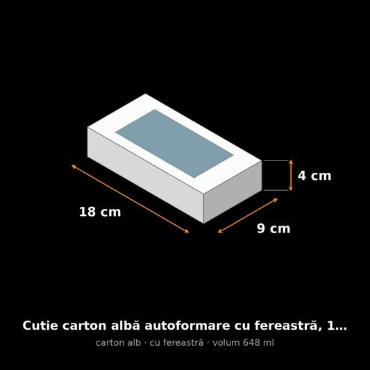 Cutie carton albă cu fereastră, 18x9x4 cm – schemă cu dimensiuni