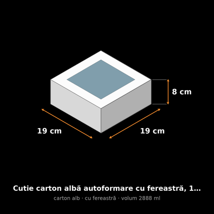 Cutie carton albă cu fereastră, 19x19x8 cm – schemă cu dimensiuni
