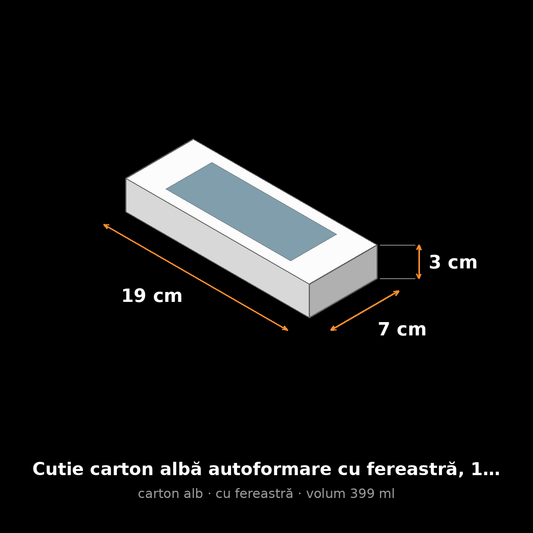 Cutie carton albă cu fereastră, 19x7x3 cm – schemă cu dimensiuni