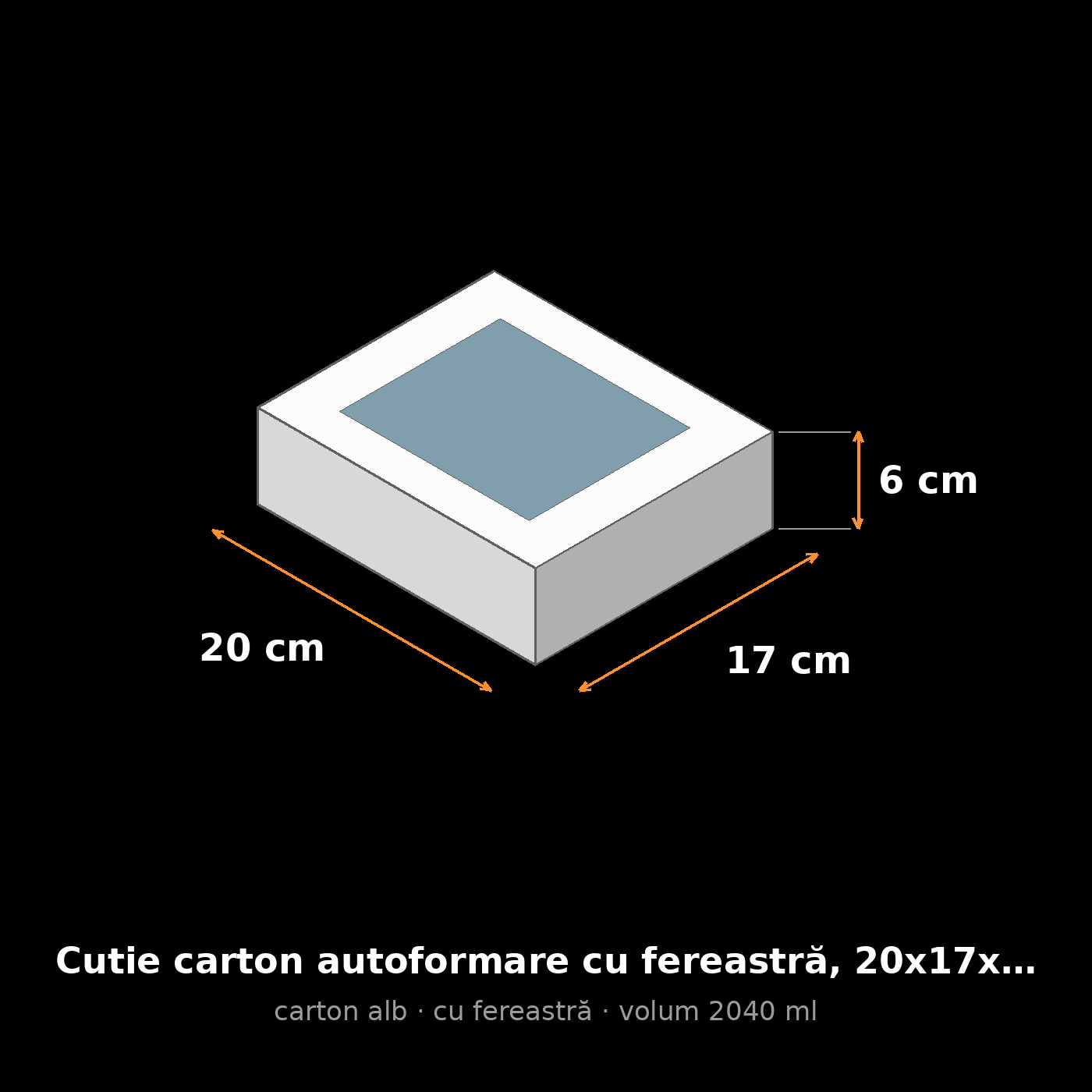 Cutie carton albă cu fereastră, 20x17x6 cm – schemă cu dimensiuni
