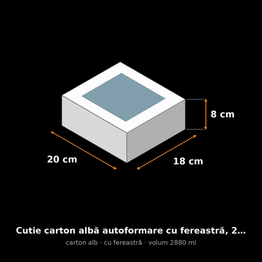 Cutie carton albă cu fereastră, 20x18x8 cm – schemă cu dimensiuni