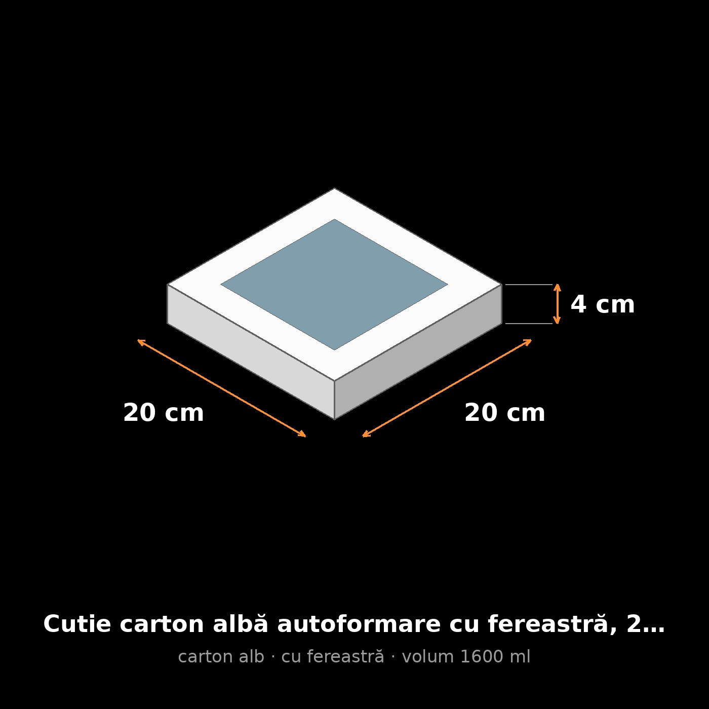Cutie carton albă cu fereastră, 20x20x4 cm – schemă cu dimensiuni