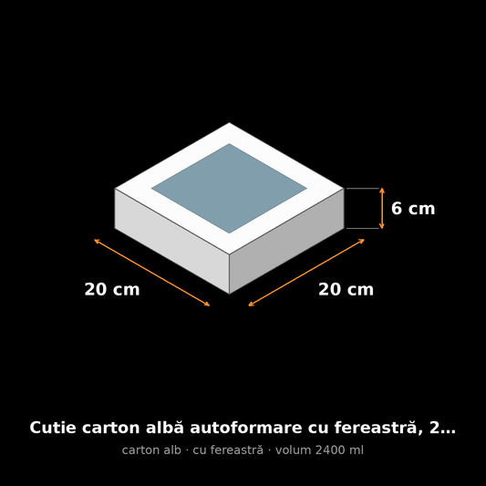 Cutie carton albă cu fereastră, 20x20x6 cm – schemă cu dimensiuni