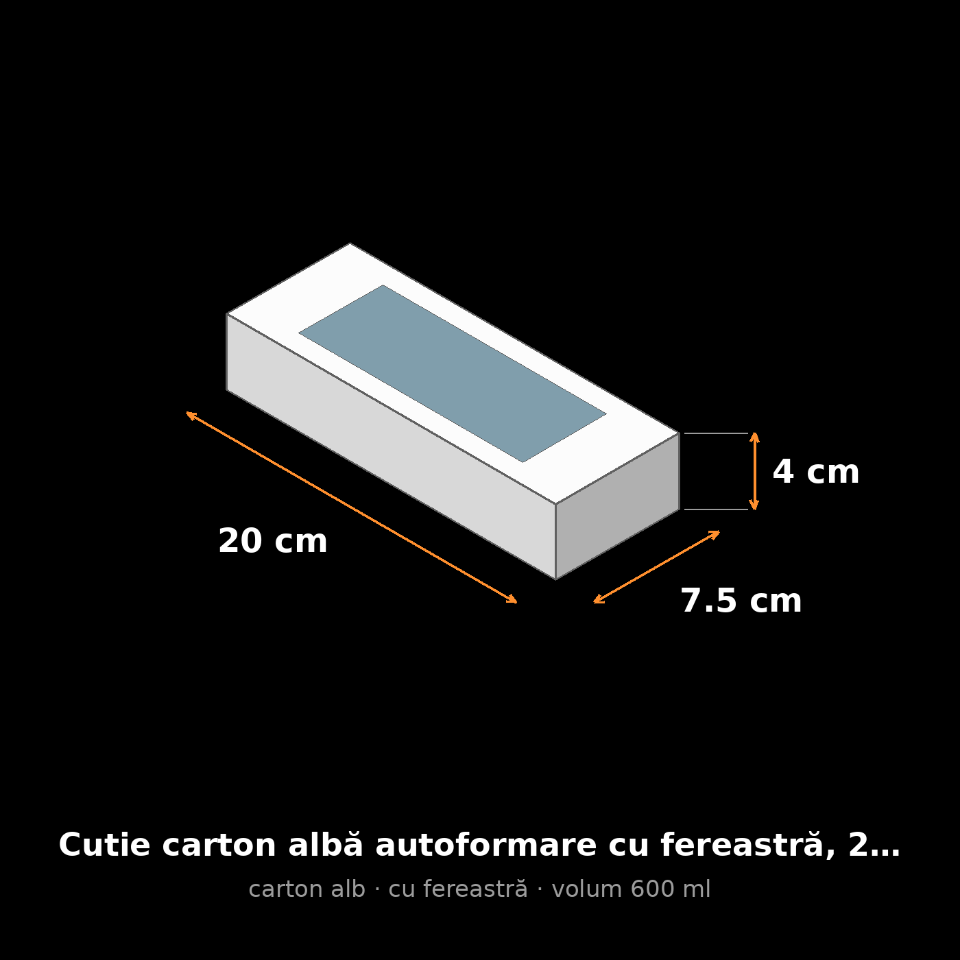 Cutie carton albă cu fereastră, 20x7.5x4 cm – schemă cu dimensiuni