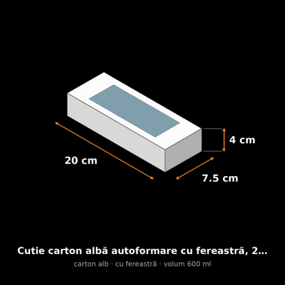 Cutie carton albă cu fereastră, 20x7.5x4 cm – schemă cu dimensiuni