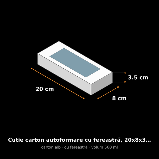 Cutie carton albă cu fereastră, 20x8x3.5 cm – schemă cu dimensiuni