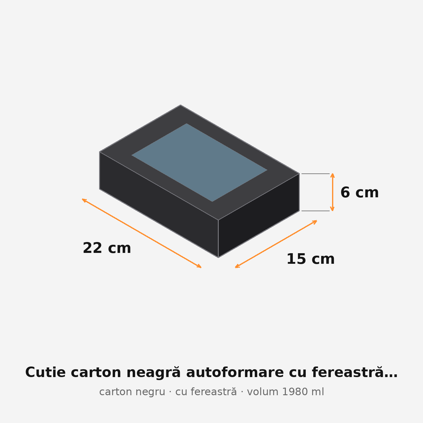 Cutie carton neagră cu fereastră, 22x15x6 cm – schemă cu dimensiuni