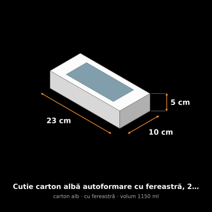 Cutie carton albă cu fereastră, 23x10x5 cm – schemă cu dimensiuni