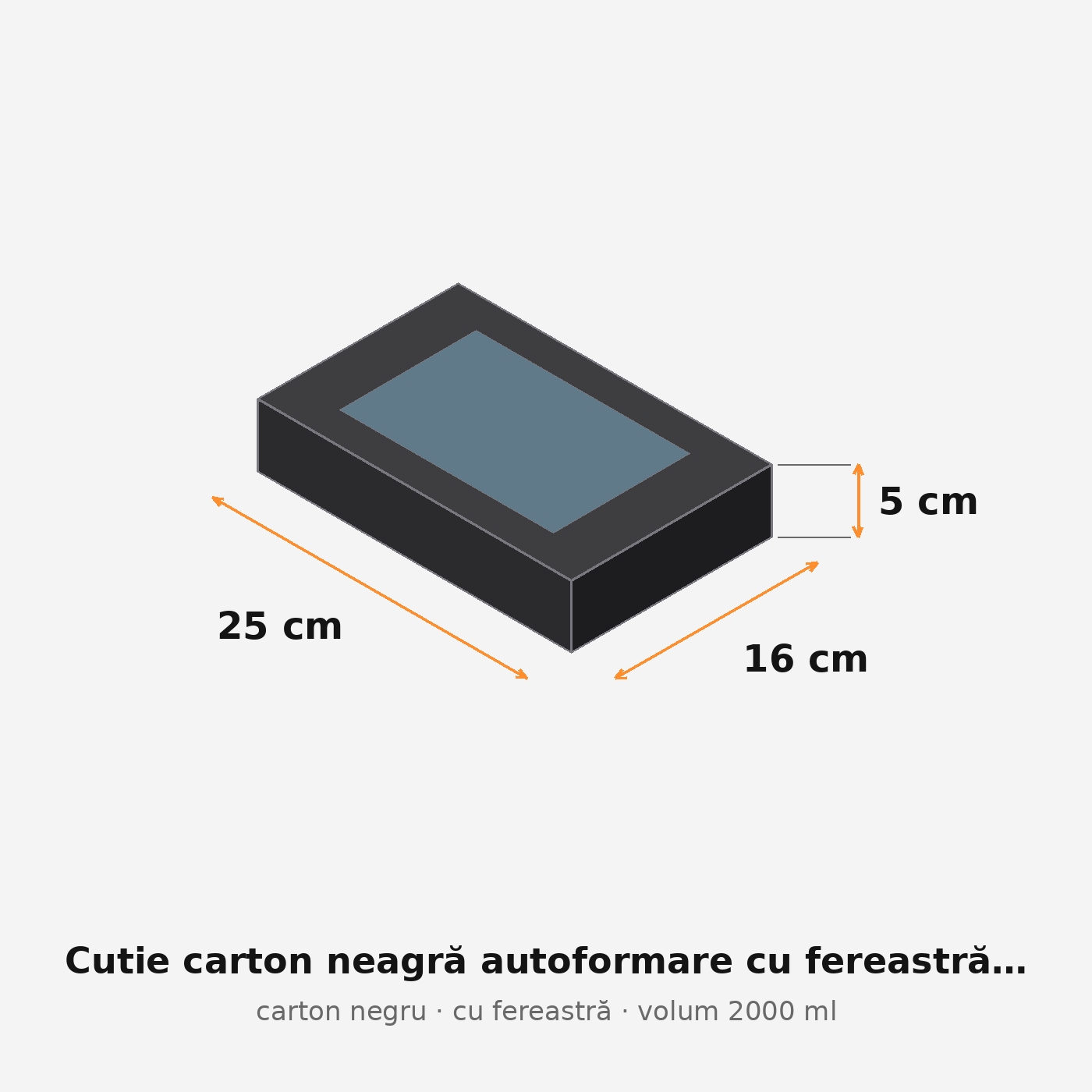 Cutie carton neagră cu fereastră, 25x16x5 cm – schemă cu dimensiuni