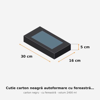 Cutie carton neagră cu fereastră, 30x16x5 cm – schemă cu dimensiuni