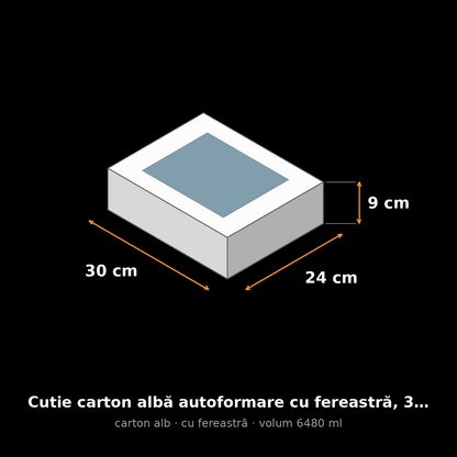 Cutie carton albă cu fereastră, 30x24x9 cm – schemă cu dimensiuni