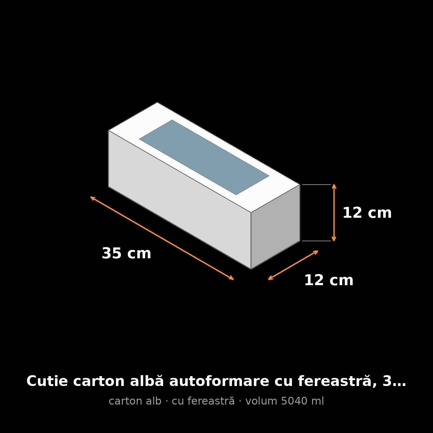 Cutie carton albă cu fereastră, 35x12x12 cm – schemă cu dimensiuni