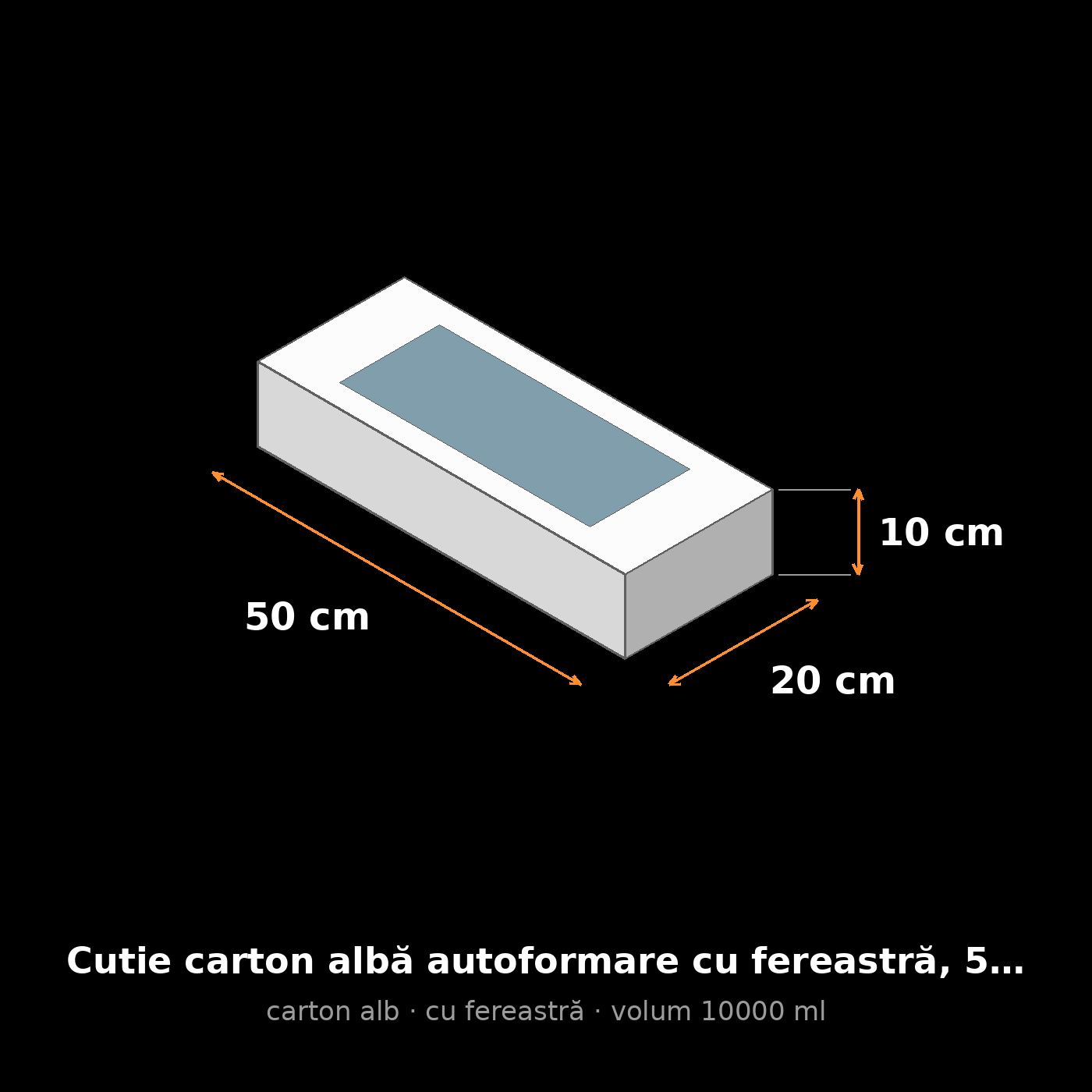 Cutie carton albă cu fereastră, 50x20x10 cm – schemă cu dimensiuni