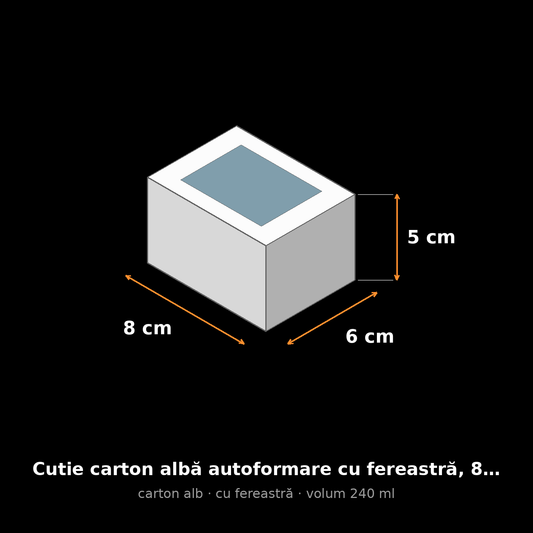 Cutie carton albă cu fereastră, 8x6x5 cm – schemă cu dimensiuni