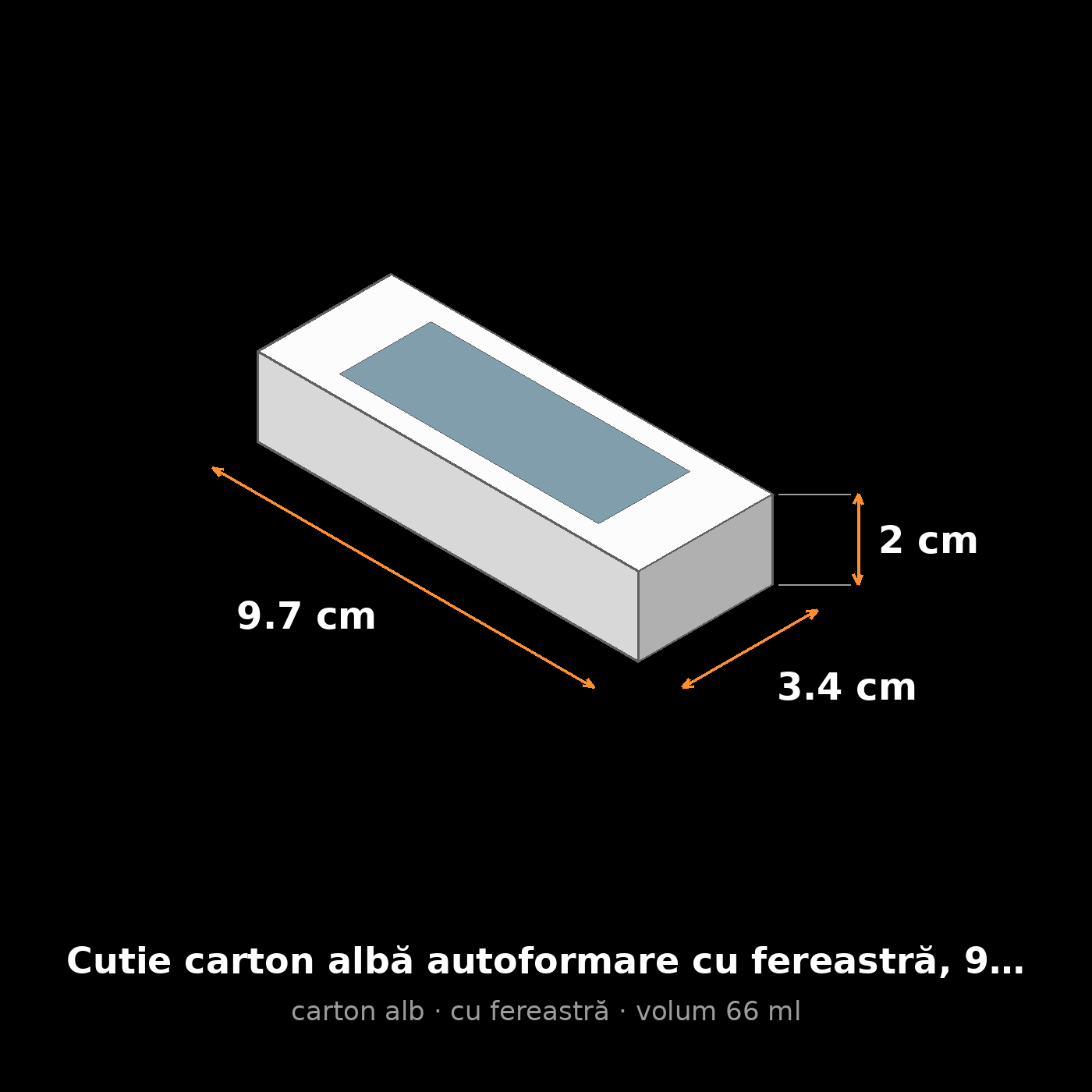 Cutie carton albă cu fereastră, 9.7x3.4x2 cm – schemă cu dimensiuni