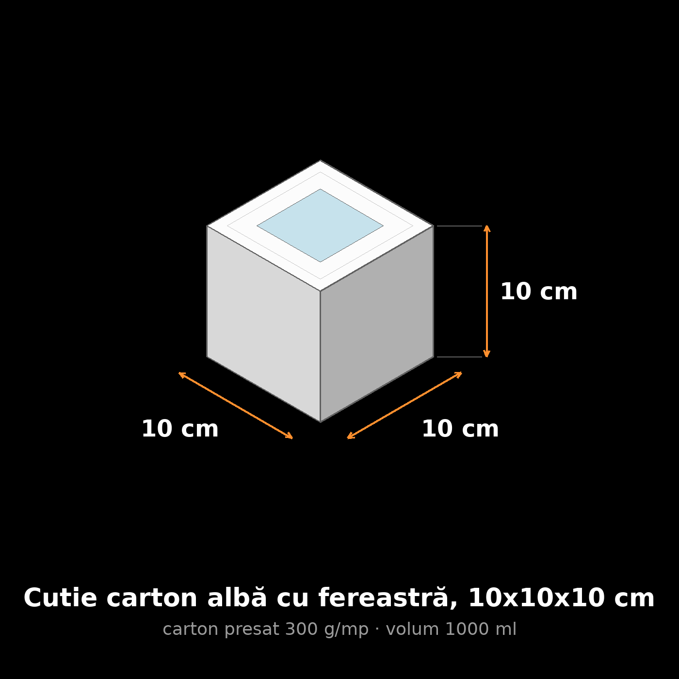 Cutie carton albă cu fereastră, 10x10x10 cm – schemă cu dimensiuni