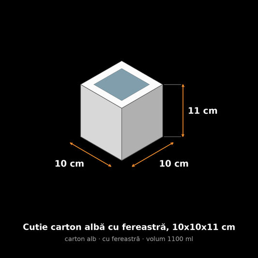 Cutie carton albă cu fereastră, 10x10x11 cm – schemă cu dimensiuni