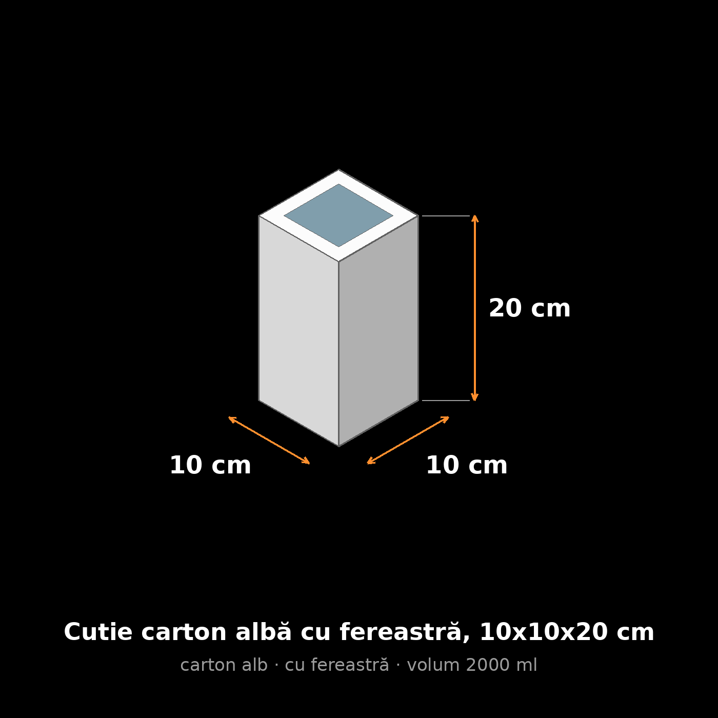 Cutie carton albă cu fereastră, 10x10x20 cm – schemă cu dimensiuni