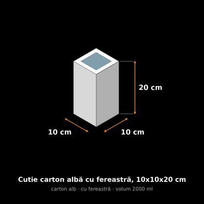 Cutie carton albă cu fereastră, 10x10x20 cm – schemă cu dimensiuni
