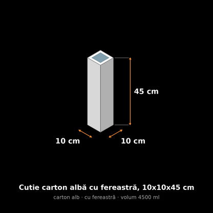 Cutie carton albă cu fereastră, 10x10x45 cm – schemă cu dimensiuni