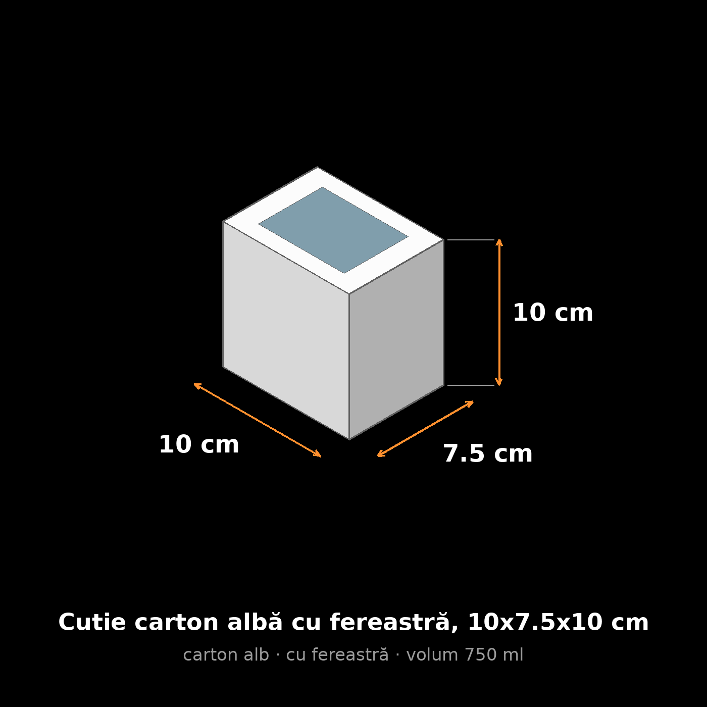 Cutie carton albă cu fereastră, 10x7.5x10 cm – schemă cu dimensiuni