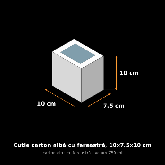 Cutie carton albă cu fereastră, 10x7.5x10 cm – schemă cu dimensiuni