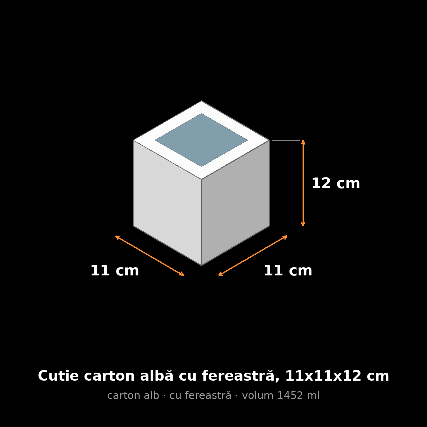 Cutie carton albă cu fereastră, 11x11x12 cm – schemă cu dimensiuni