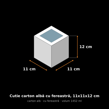 Cutie carton albă cu fereastră, 11x11x12 cm – schemă cu dimensiuni