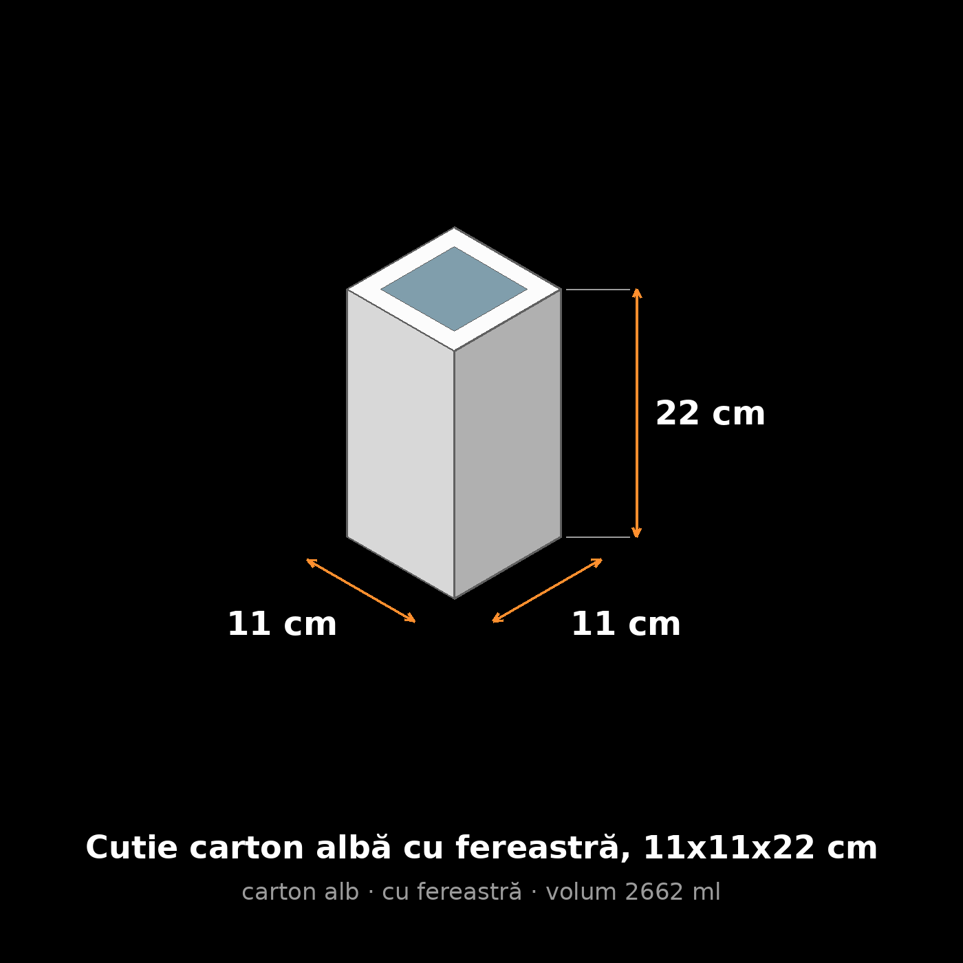 Cutie carton albă cu fereastră, 11x11x22 cm – schemă cu dimensiuni