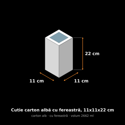 Cutie carton albă cu fereastră, 11x11x22 cm – schemă cu dimensiuni