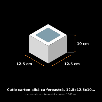 Cutie carton albă cu fereastră, 12.5x12.5x10 cm – schemă cu dimensiuni