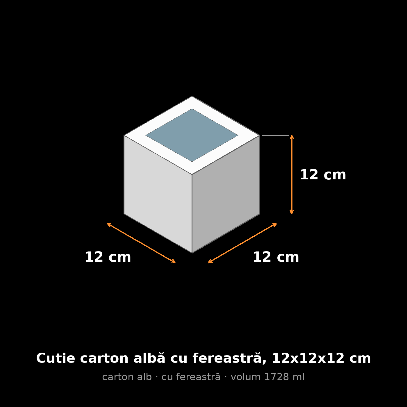 Cutie carton albă cu fereastră, 12x12x12 cm – schemă cu dimensiuni