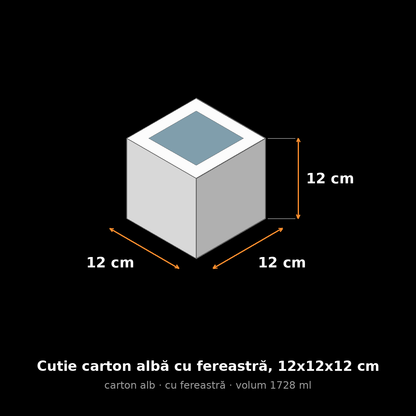 Cutie carton albă cu fereastră, 12x12x12 cm – schemă cu dimensiuni