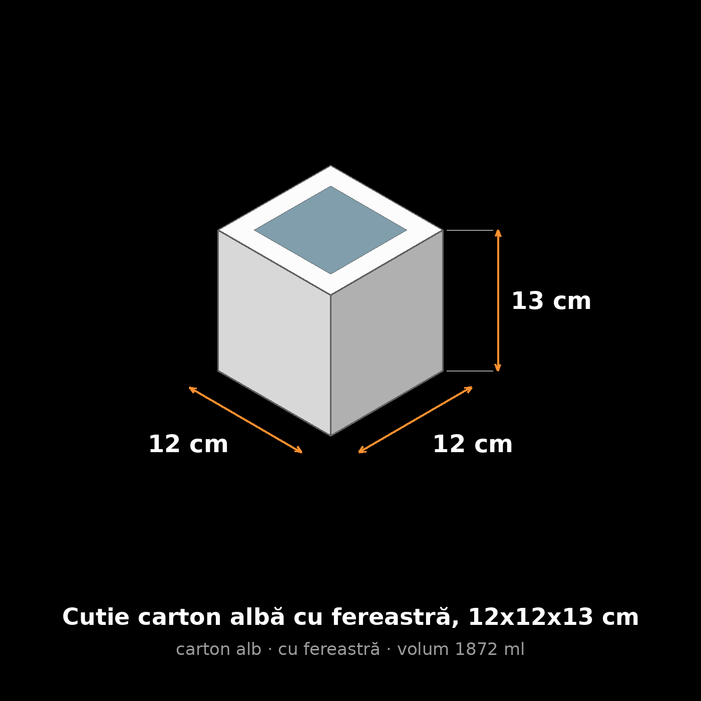 Cutie carton albă cu fereastră, 12x12x13 cm – schemă cu dimensiuni