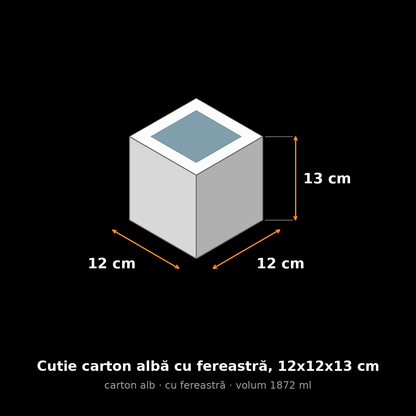 Cutie carton albă cu fereastră, 12x12x13 cm – schemă cu dimensiuni
