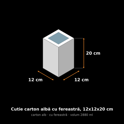 Cutie carton albă cu fereastră, 12x12x20 cm – schemă cu dimensiuni