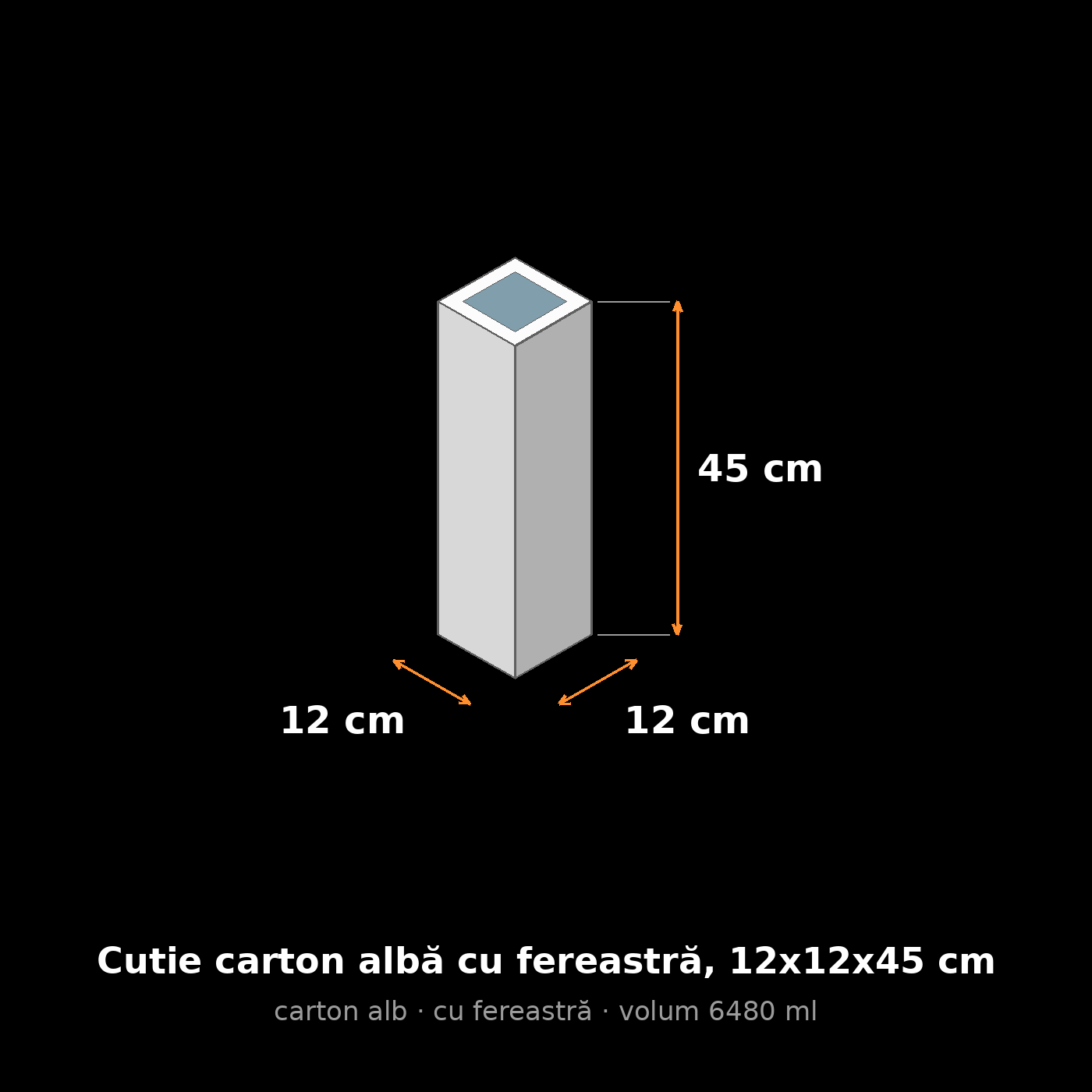 Cutie carton albă cu fereastră, 12x12x45 cm – schemă cu dimensiuni