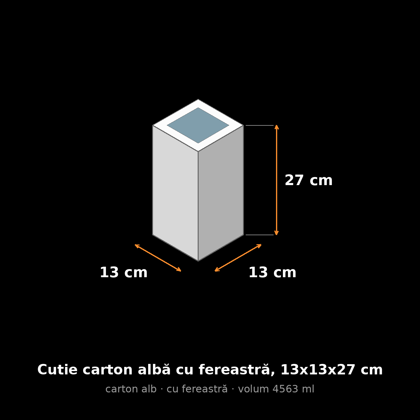 Cutie carton albă cu fereastră, 13x13x27 cm – schemă cu dimensiuni