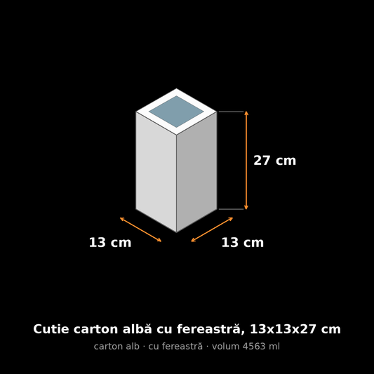 Cutie carton albă cu fereastră, 13x13x27 cm – schemă cu dimensiuni