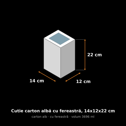 Cutie carton albă cu fereastră, 14x12x22 cm – schemă cu dimensiuni