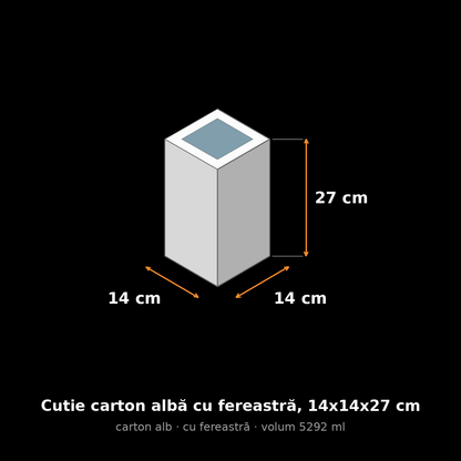 Cutie carton albă cu fereastră, 14x14x27 cm – schemă cu dimensiuni