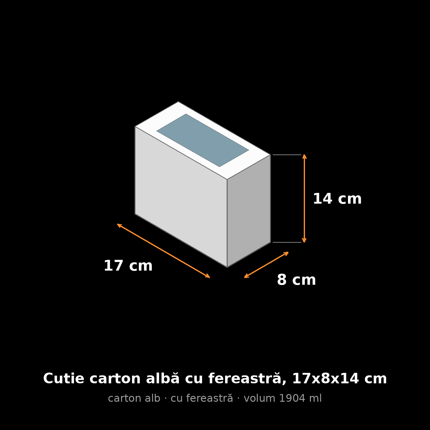 Cutie carton albă cu fereastră, 17x8x14 cm – schemă cu dimensiuni