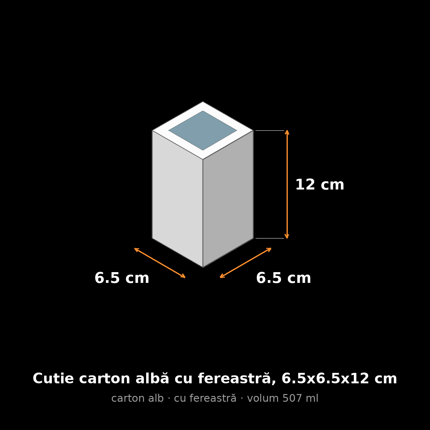 Cutie carton albă cu fereastră, 6.5x6.5x12 cm – schemă cu dimensiuni